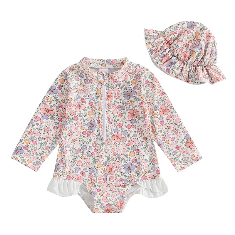 Baby Girl Floral Swimsuit - Backless Ruffled Long Sleeve Bodysuit (0-4 Years)