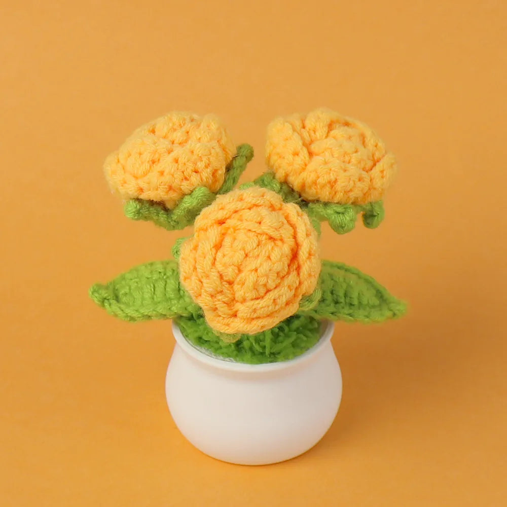 Decorative Knitted Rose Pot | Artificial Flowers for Home & Celebration Decor
