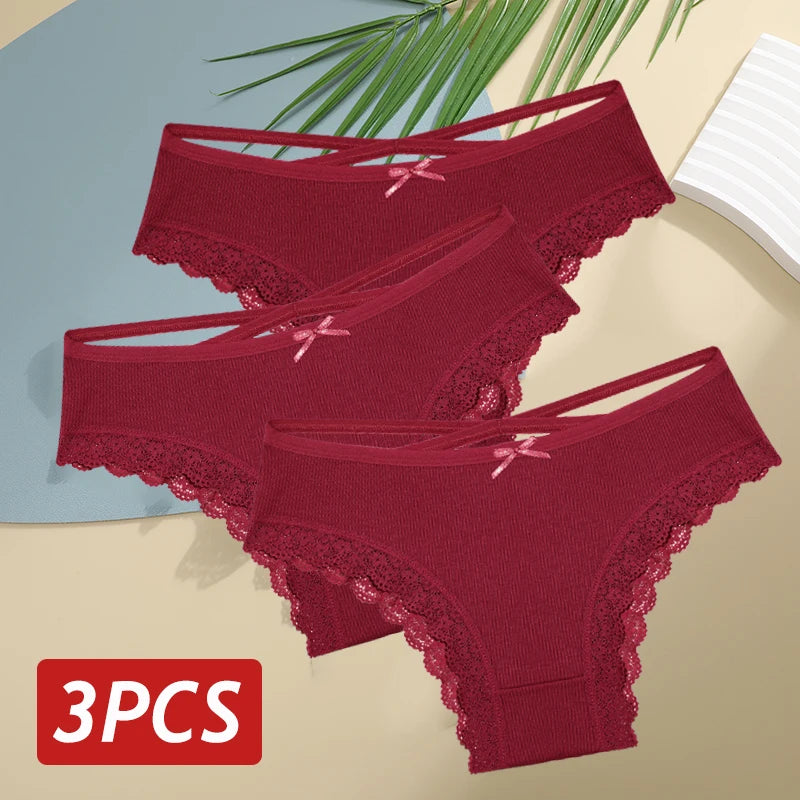 3PCS Women's Cotton Panties Set - Low Rise Lace Brazilian Bikini Underwear with Bow Detail (S-XL)