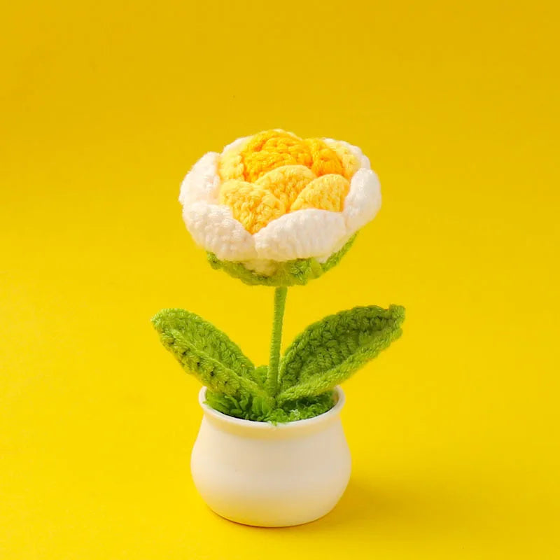 Decorative Knitted Rose Pot | Artificial Flowers for Home & Celebration Decor