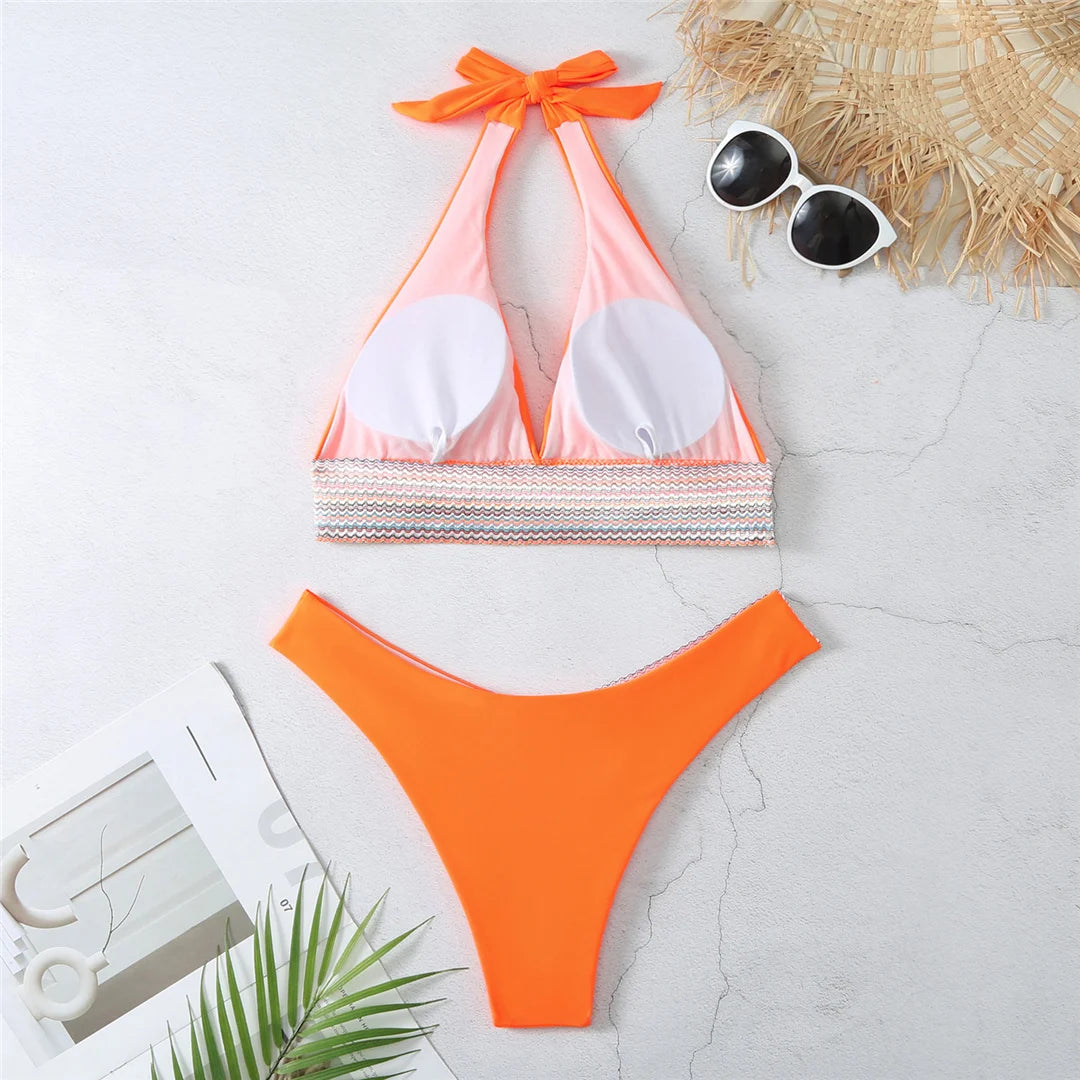 5-Color Splicing Halter V-Neck Bikini Set - Wire-Free Two-Piece Swimsuit (S-XL)