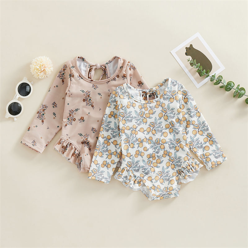 Baby Girl Floral Swimsuit - Backless Ruffled Long Sleeve Bodysuit (0-4 Years)