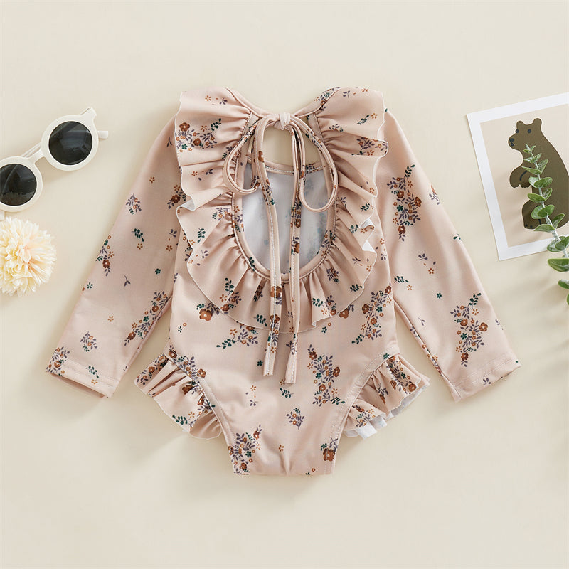 Baby Girl Floral Swimsuit - Backless Ruffled Long Sleeve Bodysuit (0-4 Years)