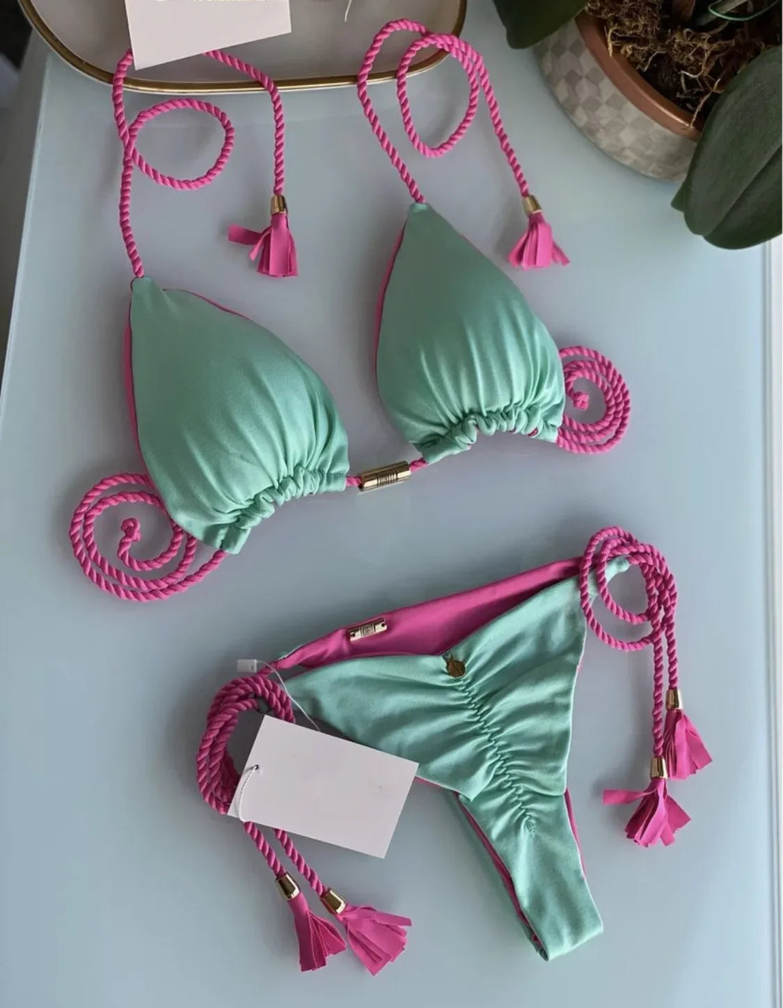 Women's Backless Triangle Bikini Set - Multicolor Rope Tie Swimsuit