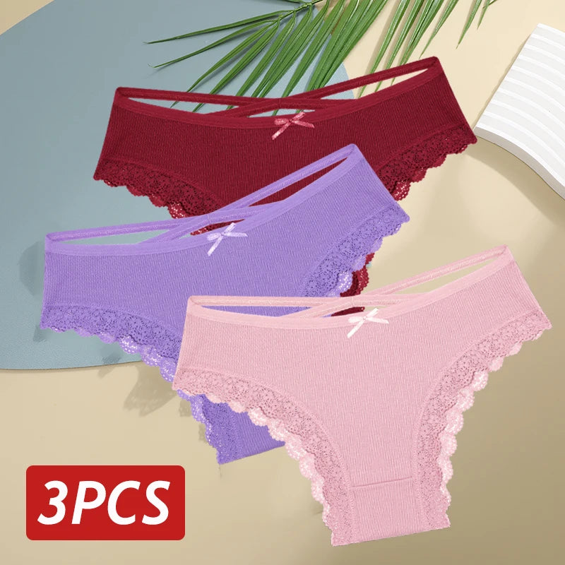 3PCS Women's Cotton Panties Set - Low Rise Lace Brazilian Bikini Underwear with Bow Detail (S-XL)