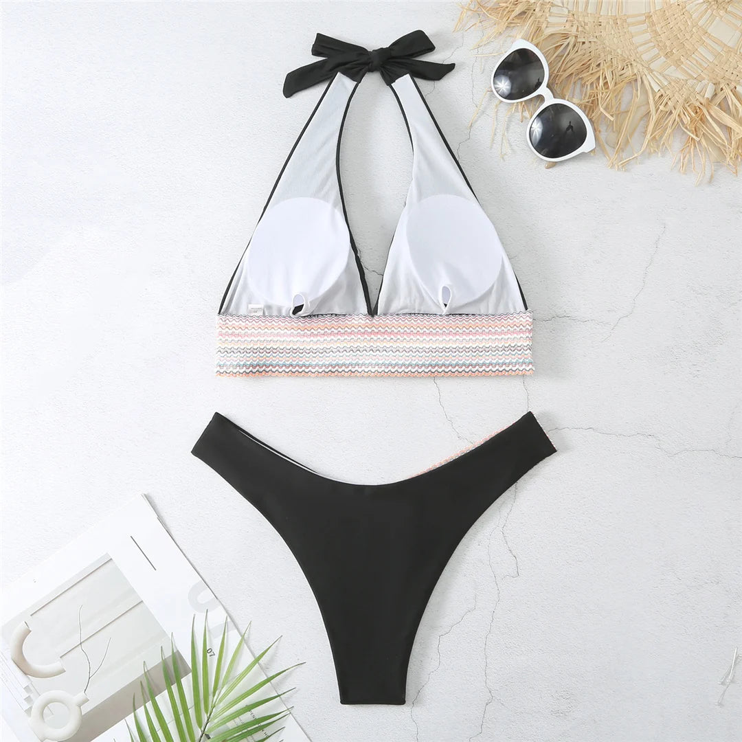 5-Color Splicing Halter V-Neck Bikini Set - Wire-Free Two-Piece Swimsuit (S-XL)