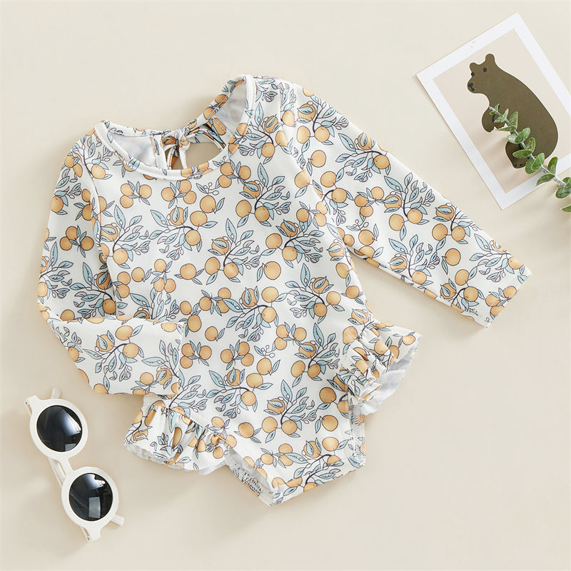 Baby Girl Floral Swimsuit - Backless Ruffled Long Sleeve Bodysuit (0-4 Years)