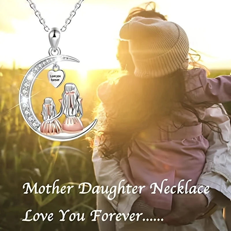 Mom Daughter Moon Pendant Necklace - "Love You Forever" Heart Jewelry Gift for Mother's Day, Birthdays & Special Occasions