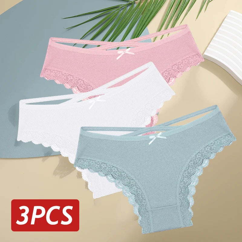 3PCS Women's Cotton Panties Set - Low Rise Lace Brazilian Bikini Underwear with Bow Detail (S-XL)