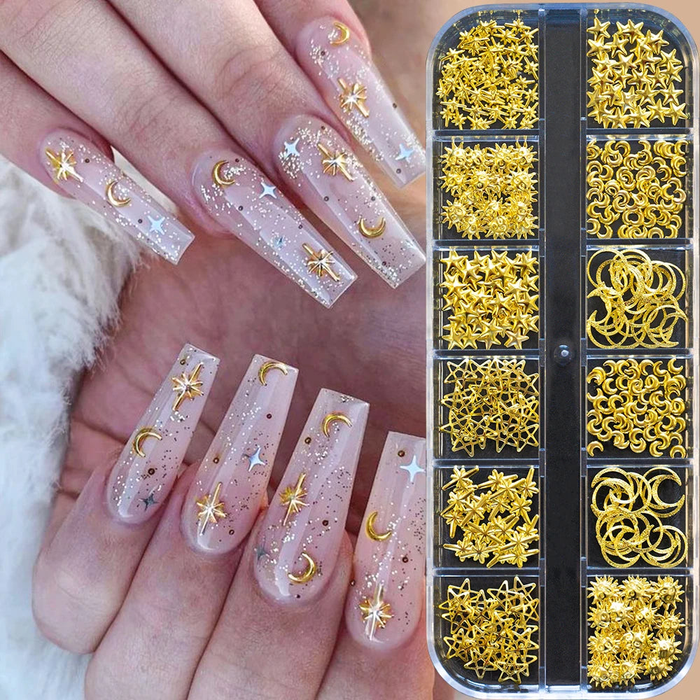 12-Grid Ocean Gold Nail Art Charms Set - Shell, Seahorse & Starfish with White Pearl Gems & Metal Studs