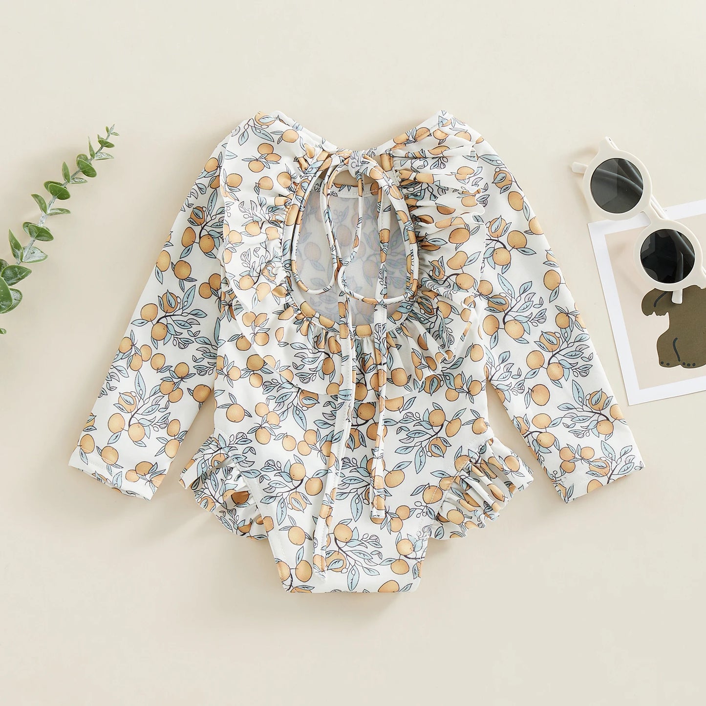 Baby Girl Floral Swimsuit - Backless Ruffled Long Sleeve Bodysuit (0-4 Years)