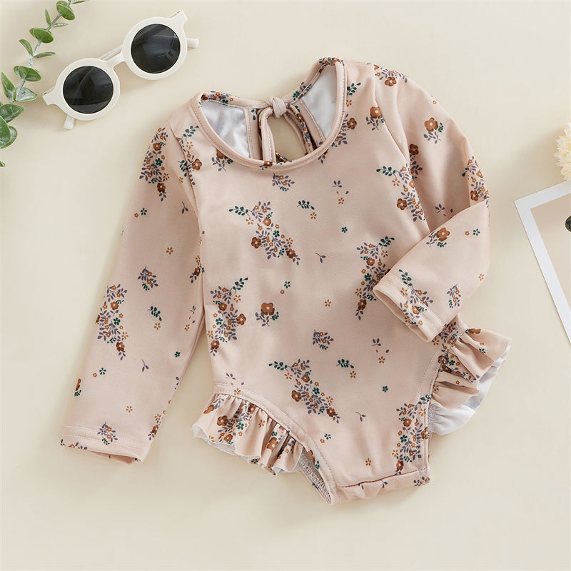 Baby Girl Floral Swimsuit - Backless Ruffled Long Sleeve Bodysuit (0-4 Years)