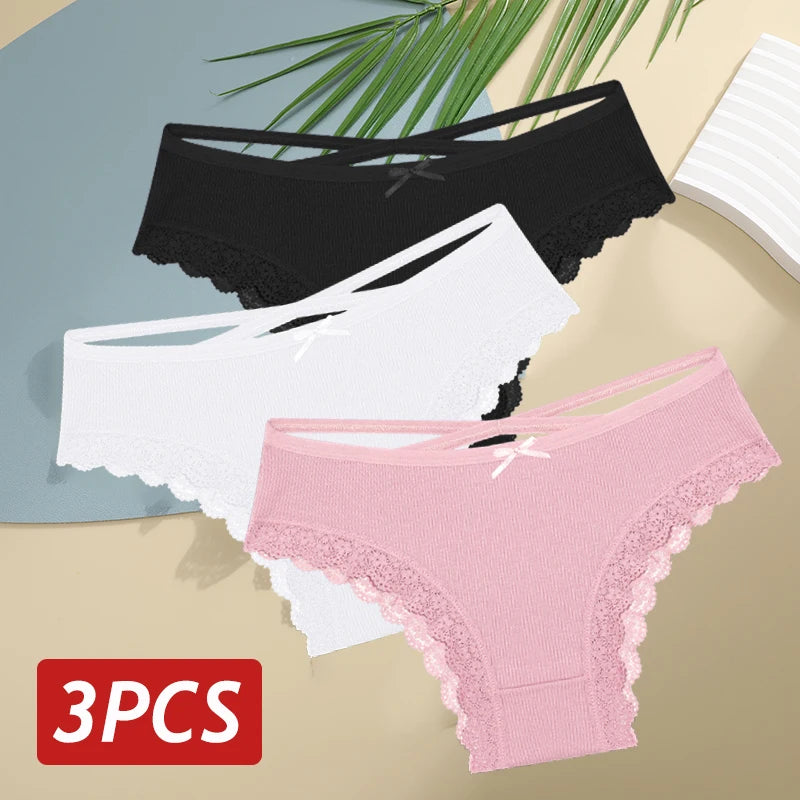 3PCS Women's Cotton Panties Set - Low Rise Lace Brazilian Bikini Underwear with Bow Detail (S-XL)
