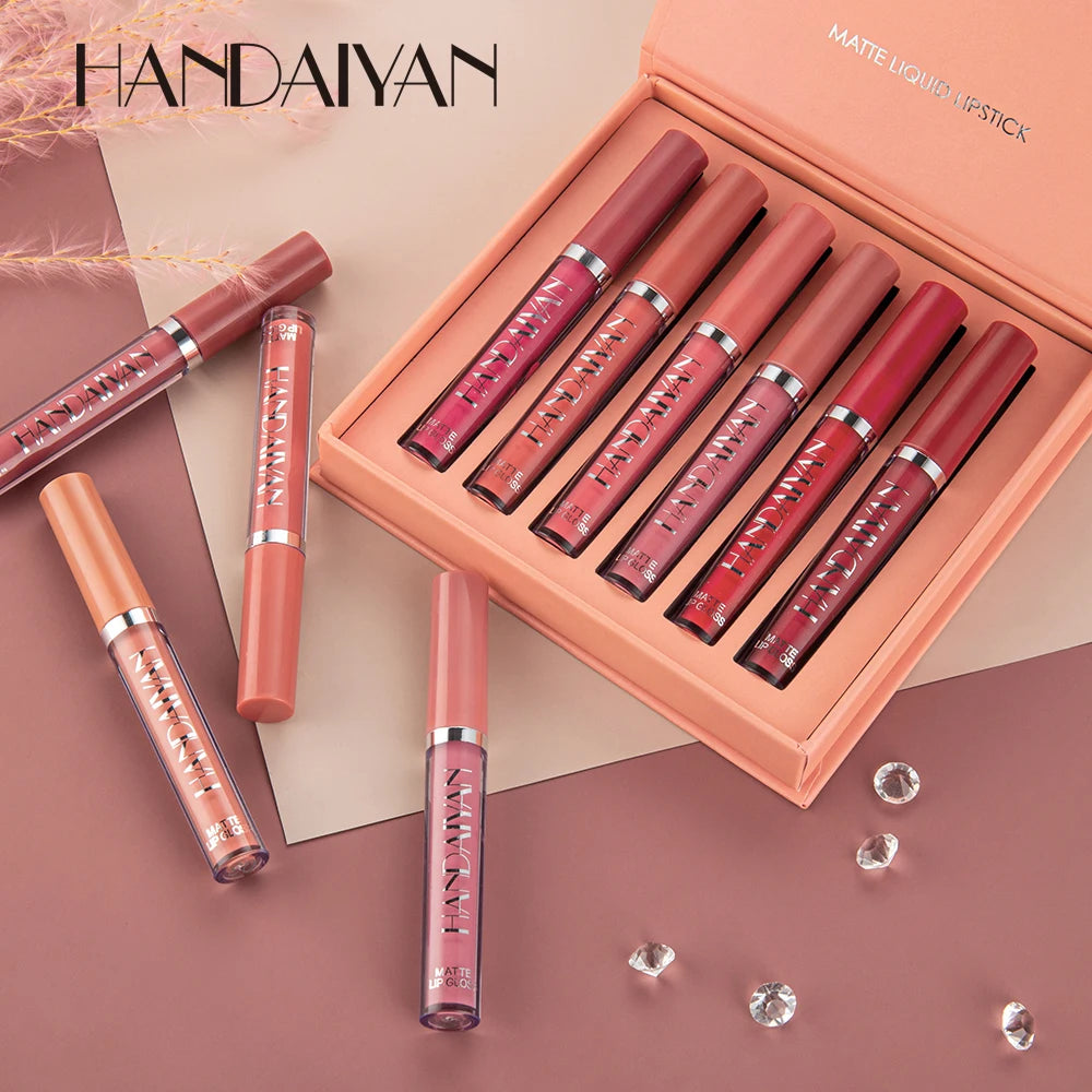HANDAIYAN 6-Piece Non-Stick Liquid Lipstick Set - Long-Lasting Matte Finish Lip Gloss Gift Box Collectionple