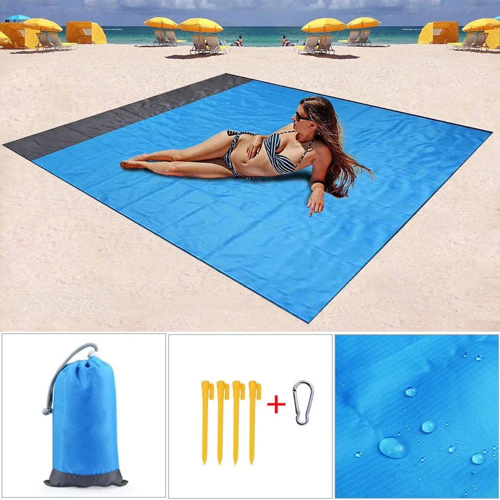 2x2.1m Waterproof Beach Blanket | Portable Sand-Free Picnic Mat with Anchors