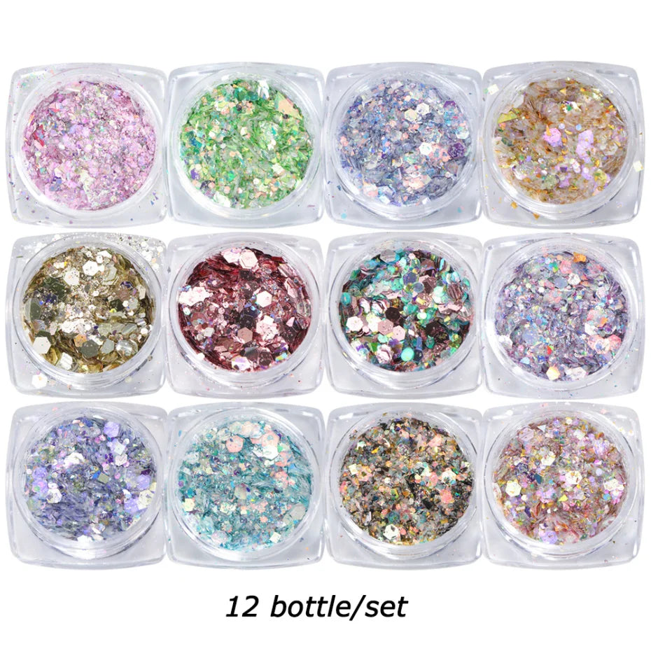 Mirror Iridescent Mixed Hexagon Nail Glitter Sequins Set - 12 Grids Holographic Spangles Flakes Nail Art Powder