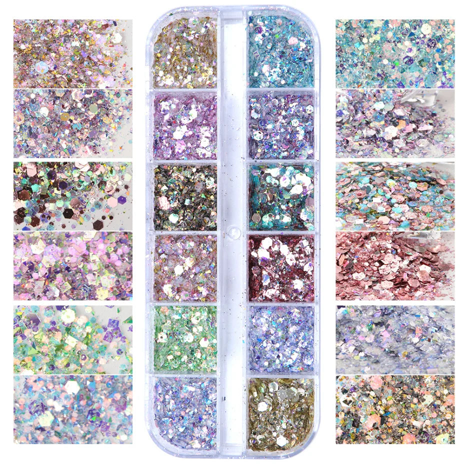 Mirror Iridescent Mixed Hexagon Nail Glitter Sequins Set - 12 Grids Holographic Spangles Flakes Nail Art Powder