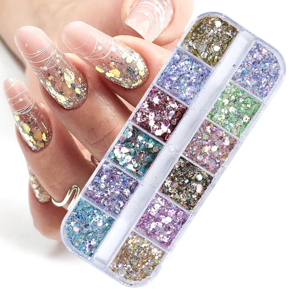 Mirror Iridescent Mixed Hexagon Nail Glitter Sequins Set - 12 Grids Holographic Spangles Flakes Nail Art Powder