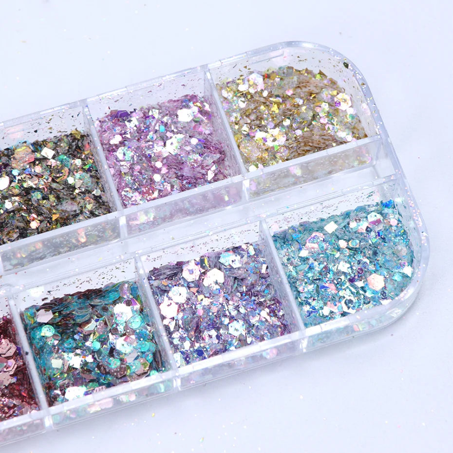 Mirror Iridescent Mixed Hexagon Nail Glitter Sequins Set - 12 Grids Holographic Spangles Flakes Nail Art Powder