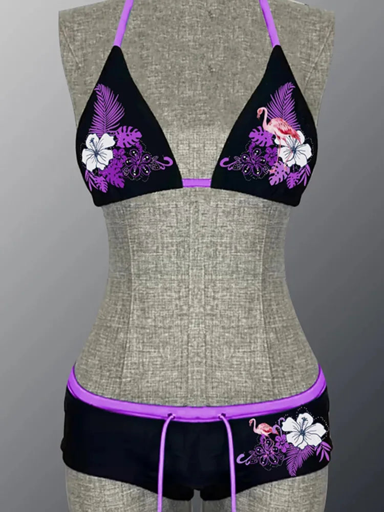 Sexy Floral Print Lace-Up Backless Bikini Set - High Waist Two-Piece Swimsuit (S-L)