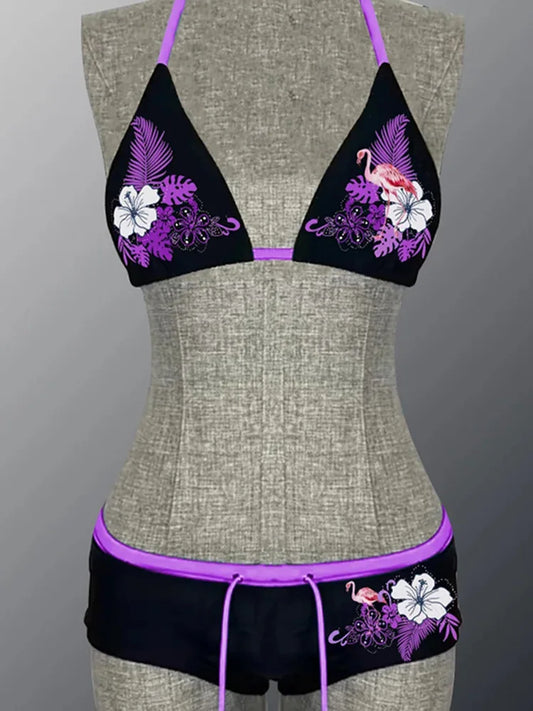Sexy Floral Print Lace-Up Backless Bikini Set - High Waist Two-Piece Swimsuit (S-L)