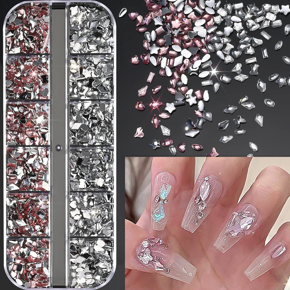12-Grid Ocean Gold Nail Art Charms Set - Shell, Seahorse & Starfish with White Pearl Gems & Metal Studs