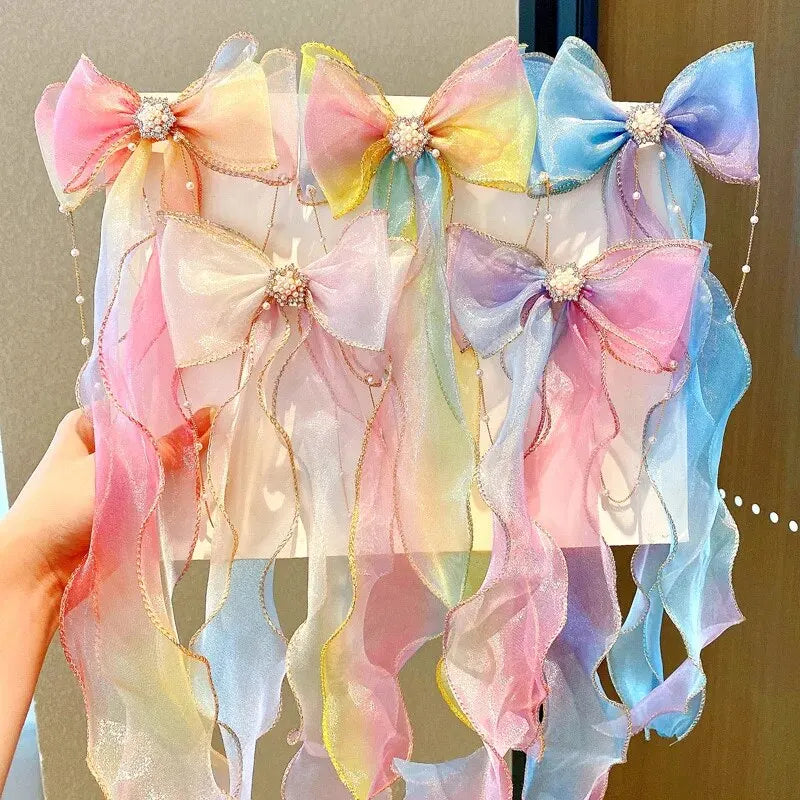 Elegant Mesh Gradient Bow Hair Clips with Tassels - Decorative Barrettes for Girls - Holiday Party Hair Accessories