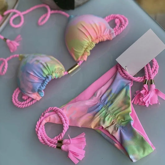 Women's Backless Triangle Bikini Set - Multicolor Rope Tie Swimsuit