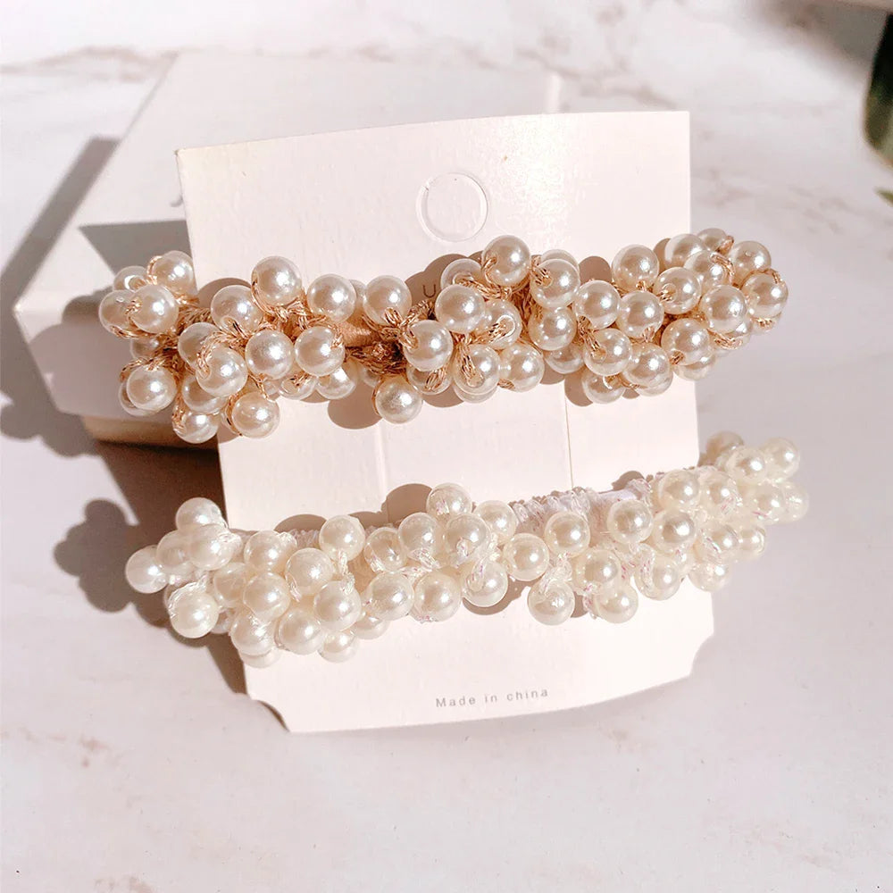 Elegant Pearl Hair Scrunchies Set - Beaded Elastic Hair Ties for Women - Ponytail Holders with Decorative Pearls