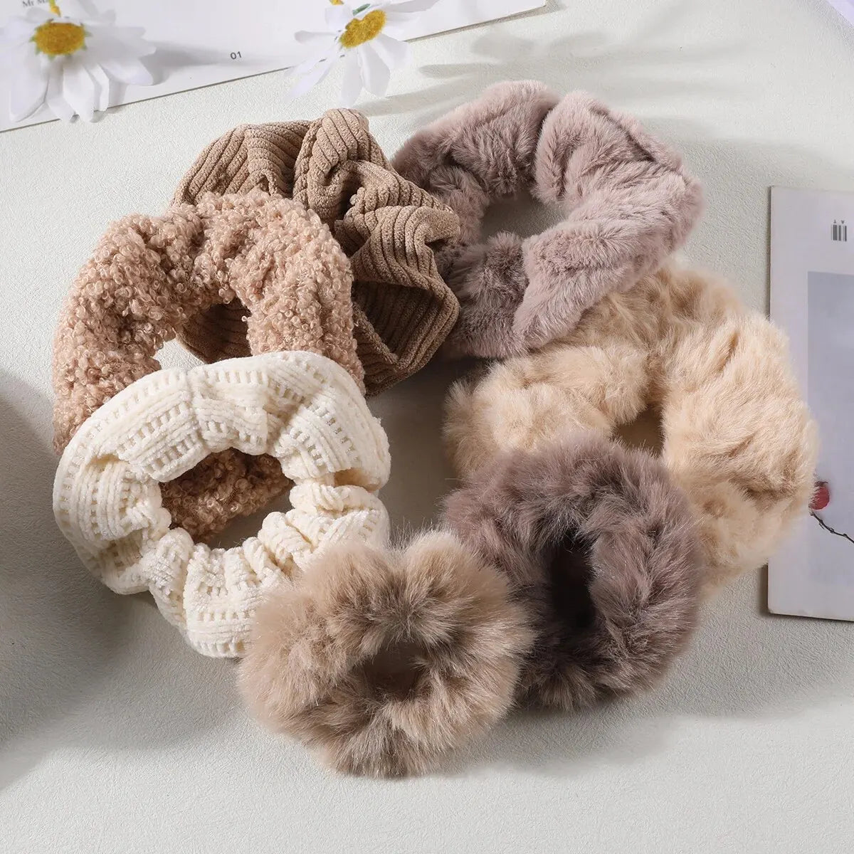 7 Piece Women's Plush Hair Scrunchies Set - Solid Color Cotton Blend Ponytail Holders & Hair Ties