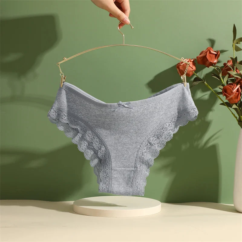 3PCS Women's Cotton Panties Set - Low Rise Lace Brazilian Bikini Underwear with Bow Detail (S-XL)