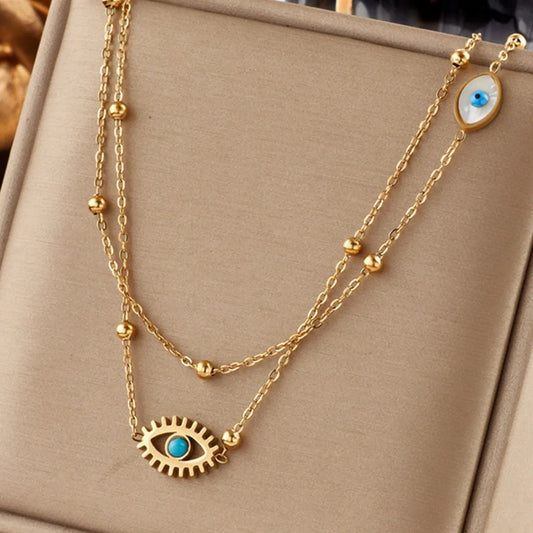 Stainless Steel Multilayer 2-in-1 Eye Pendant Necklace - Trendy Women's Clavicle Chain Jewelry Gift
