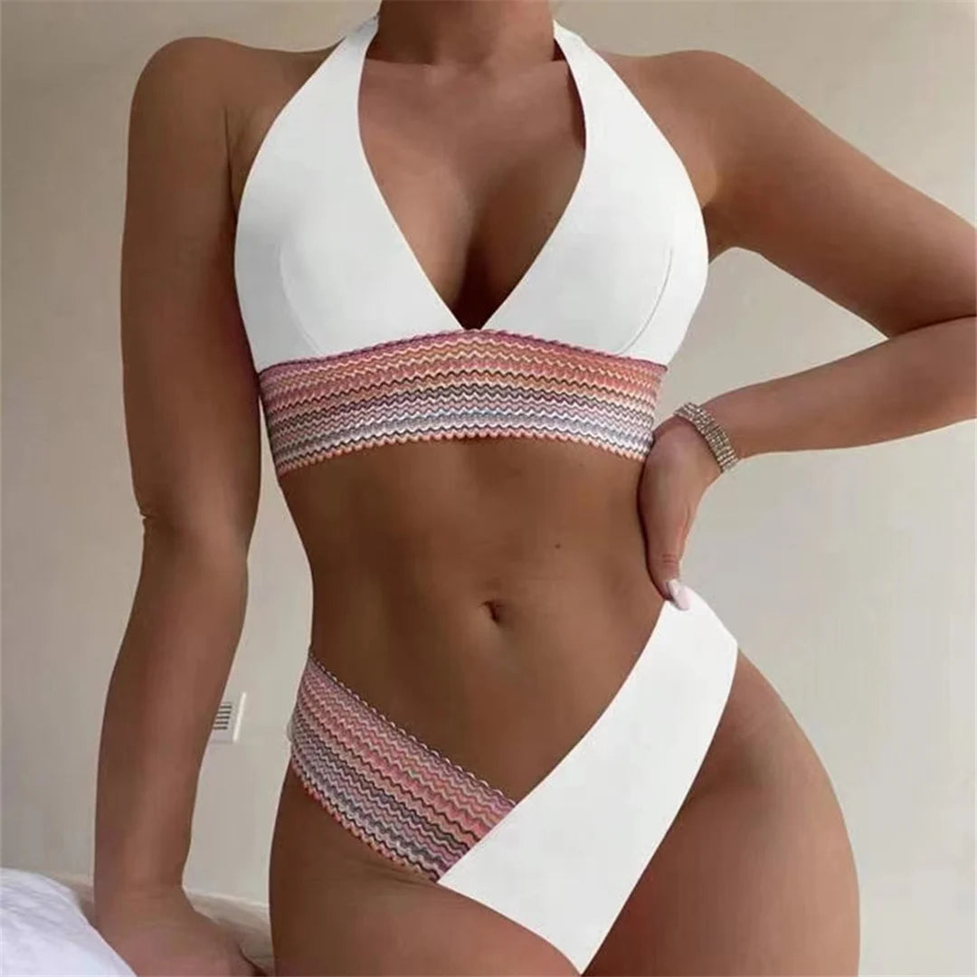5-Color Splicing Halter V-Neck Bikini Set - Wire-Free Two-Piece Swimsuit (S-XL)