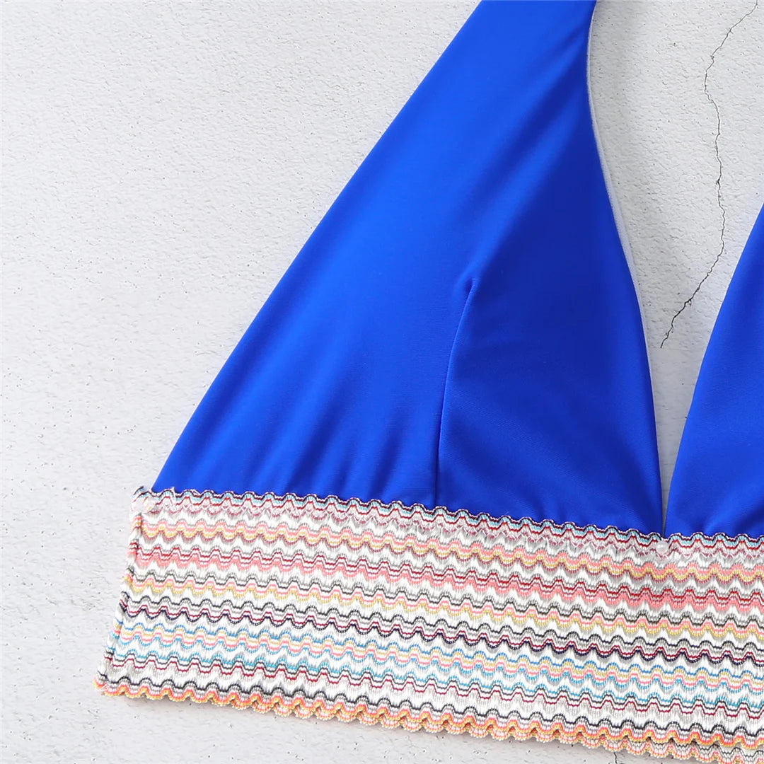 5-Color Splicing Halter V-Neck Bikini Set - Wire-Free Two-Piece Swimsuit (S-XL)