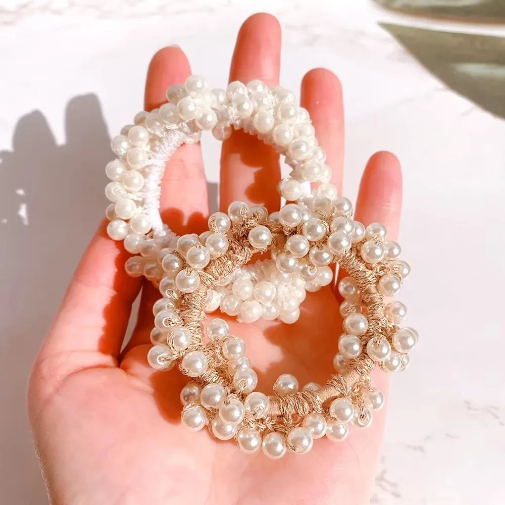 Elegant Pearl Hair Scrunchies Set - Beaded Elastic Hair Ties for Women - Ponytail Holders with Decorative Pearls