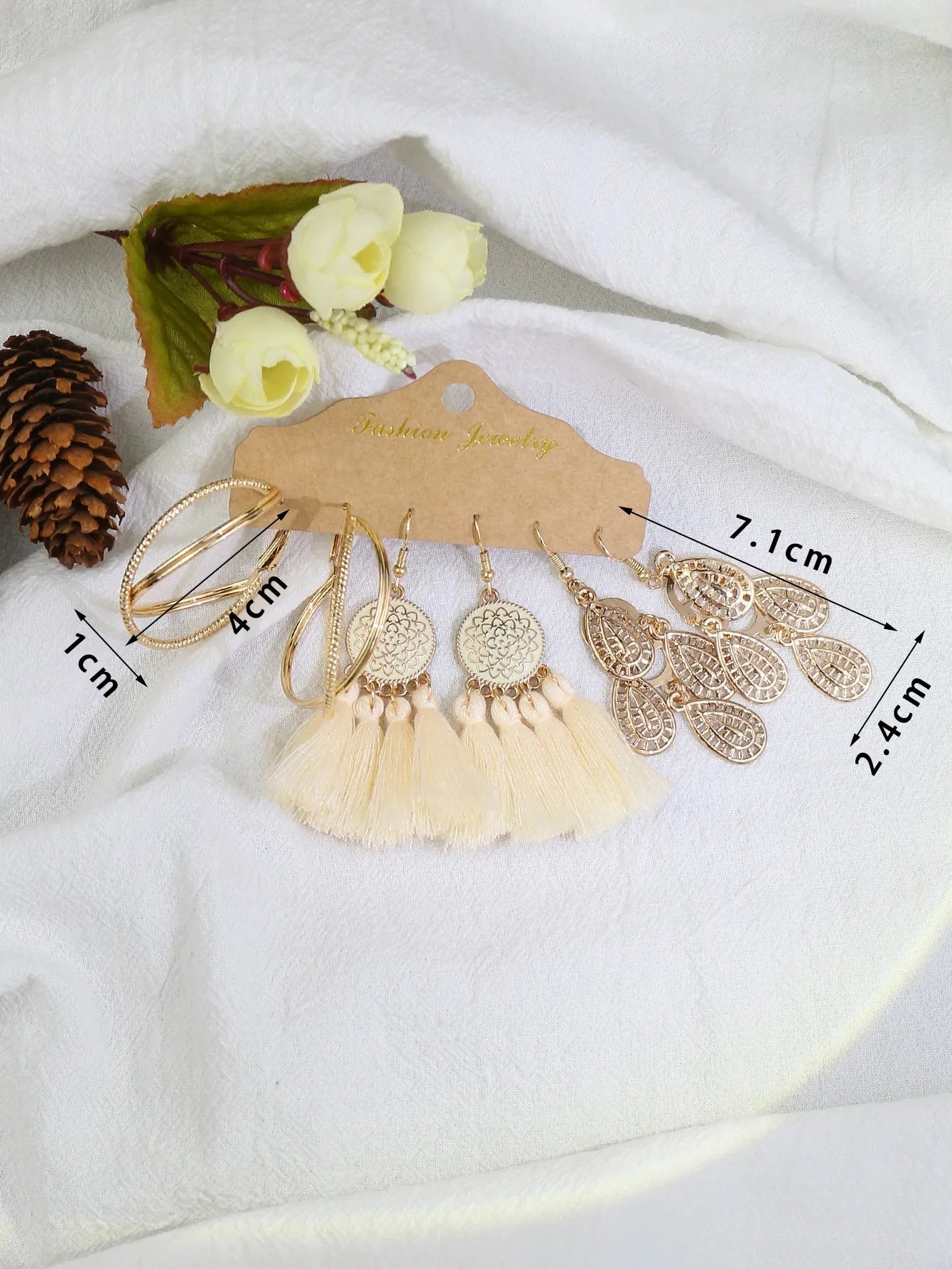 Trendy Golden Circle White Tassel Shell Earrings & Ear Studs Combination Set - Versatile Fresh Fashion Jewelry for Women