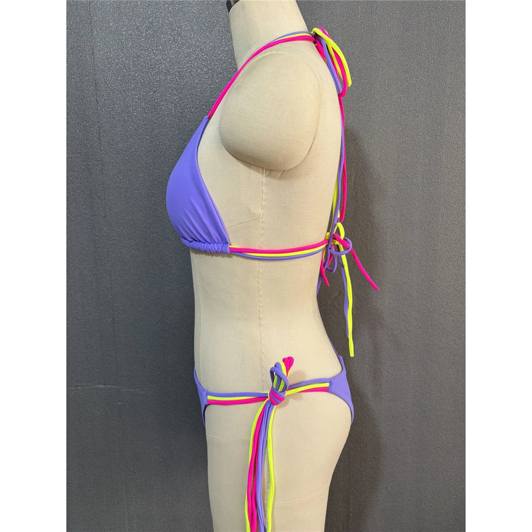 S - XL Colorful Strappy Halter Bikini Women Swimwear Two-Piece Set