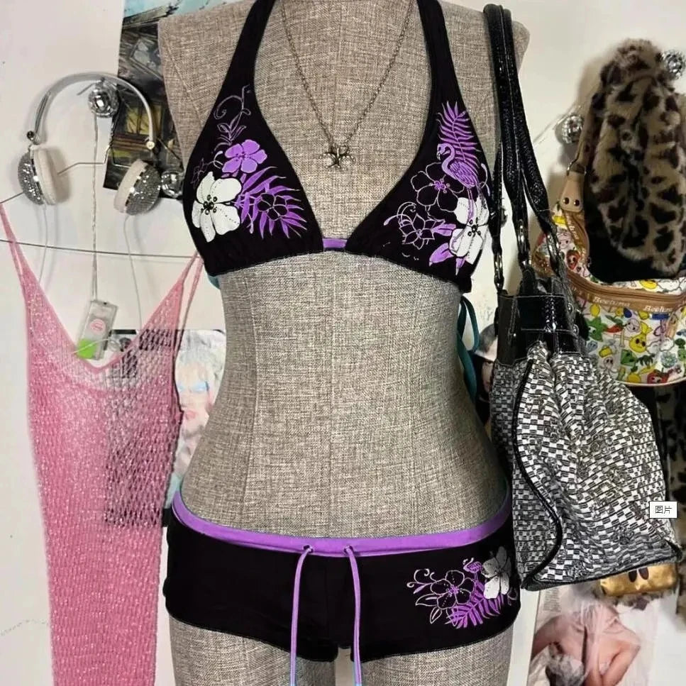 Sexy Floral Print Lace-Up Backless Bikini Set - High Waist Two-Piece Swimsuit (S-L)