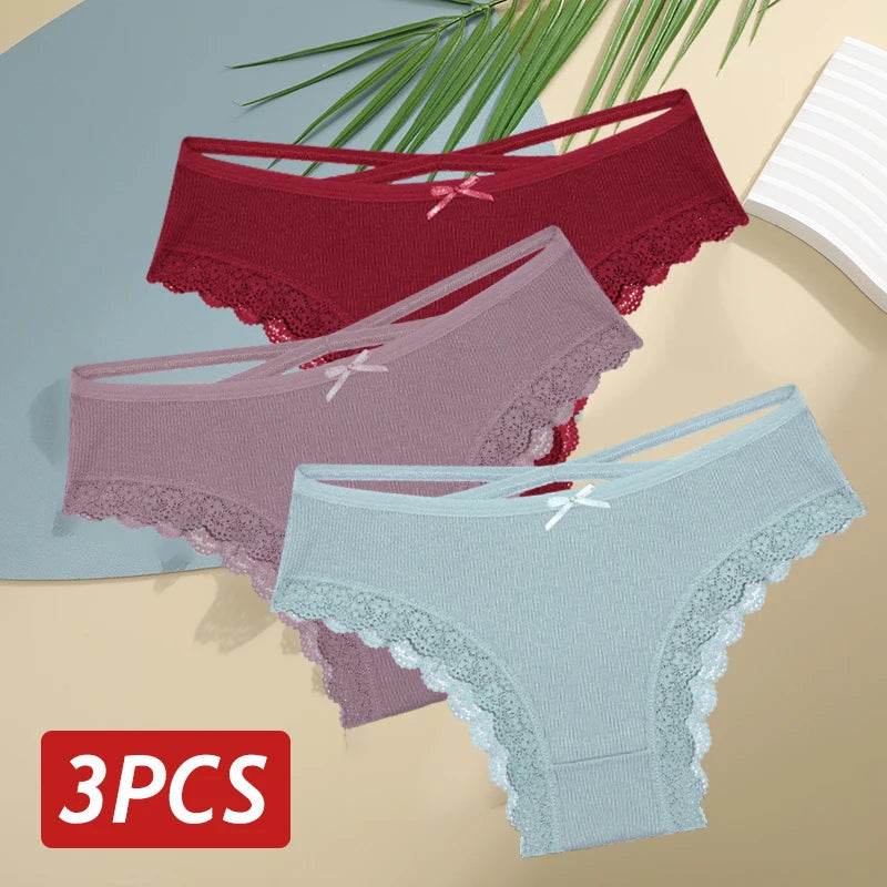 3PCS Women's Cotton Panties Set - Low Rise Lace Brazilian Bikini Underwear with Bow Detail (S-XL)