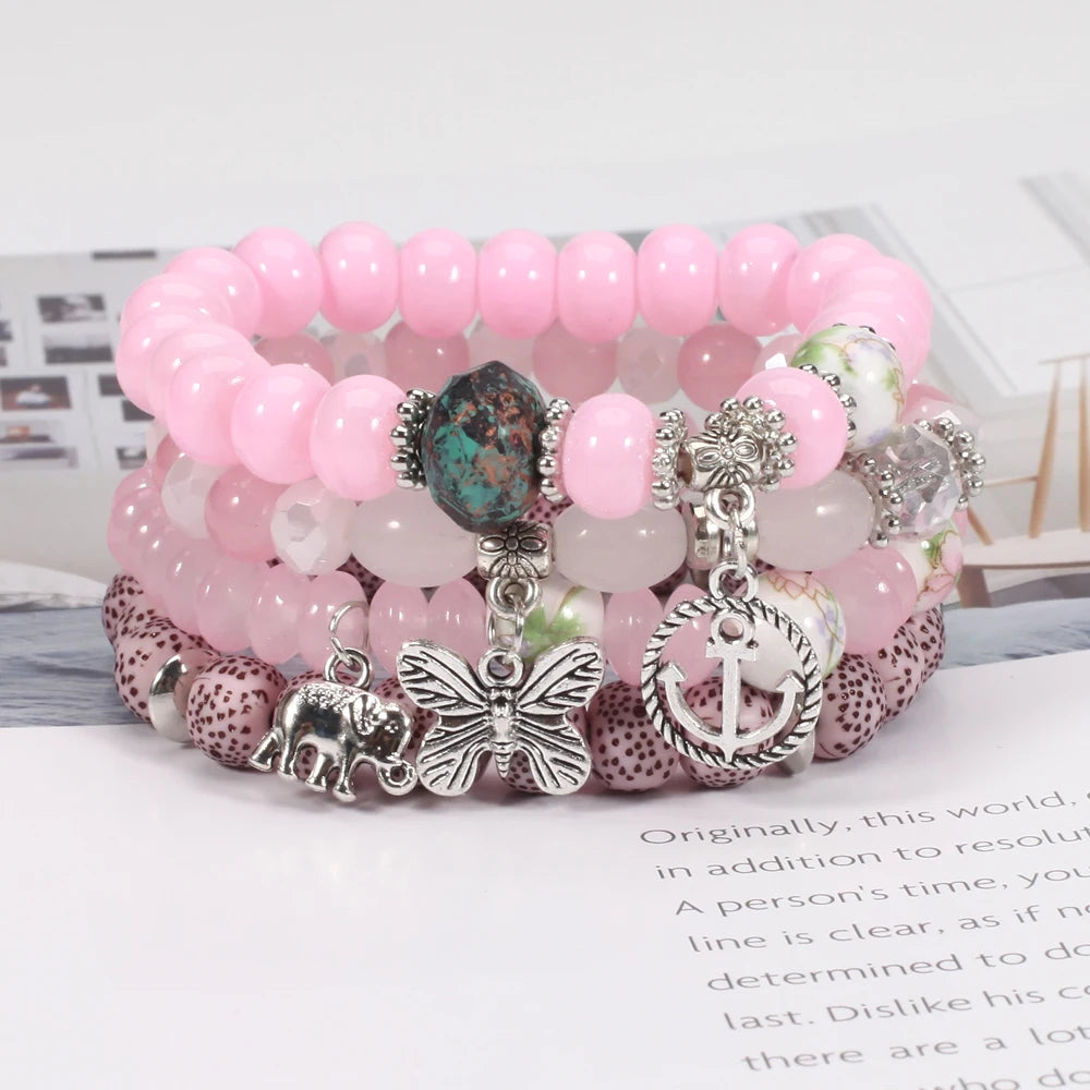 Bohemian Bracelets Set for Women - Stackable Butterfly Elephant Anchor Pendant Beads Bracelet Collection