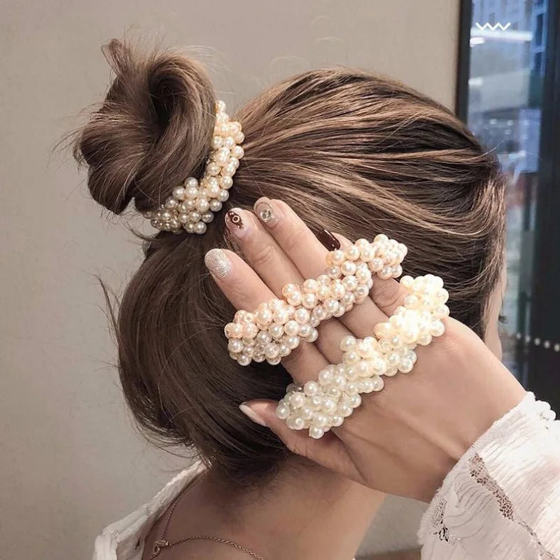 Elegant Pearl Hair Scrunchies Set - Beaded Elastic Hair Ties for Women - Ponytail Holders with Decorative Pearls
