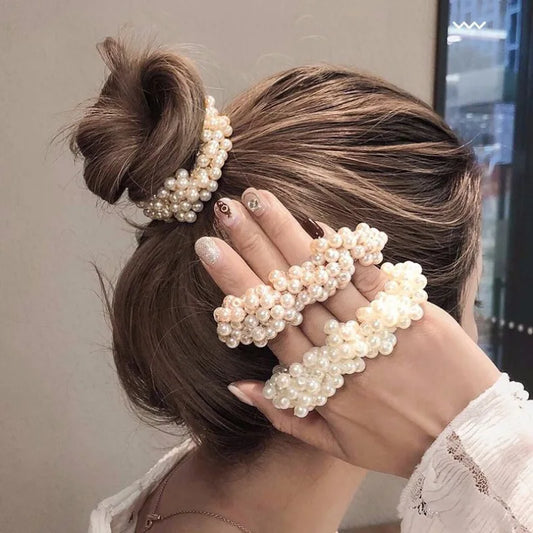 Elegant Pearl Hair Scrunchies Set - Beaded Elastic Hair Ties for Women - Ponytail Holders with Decorative Pearls