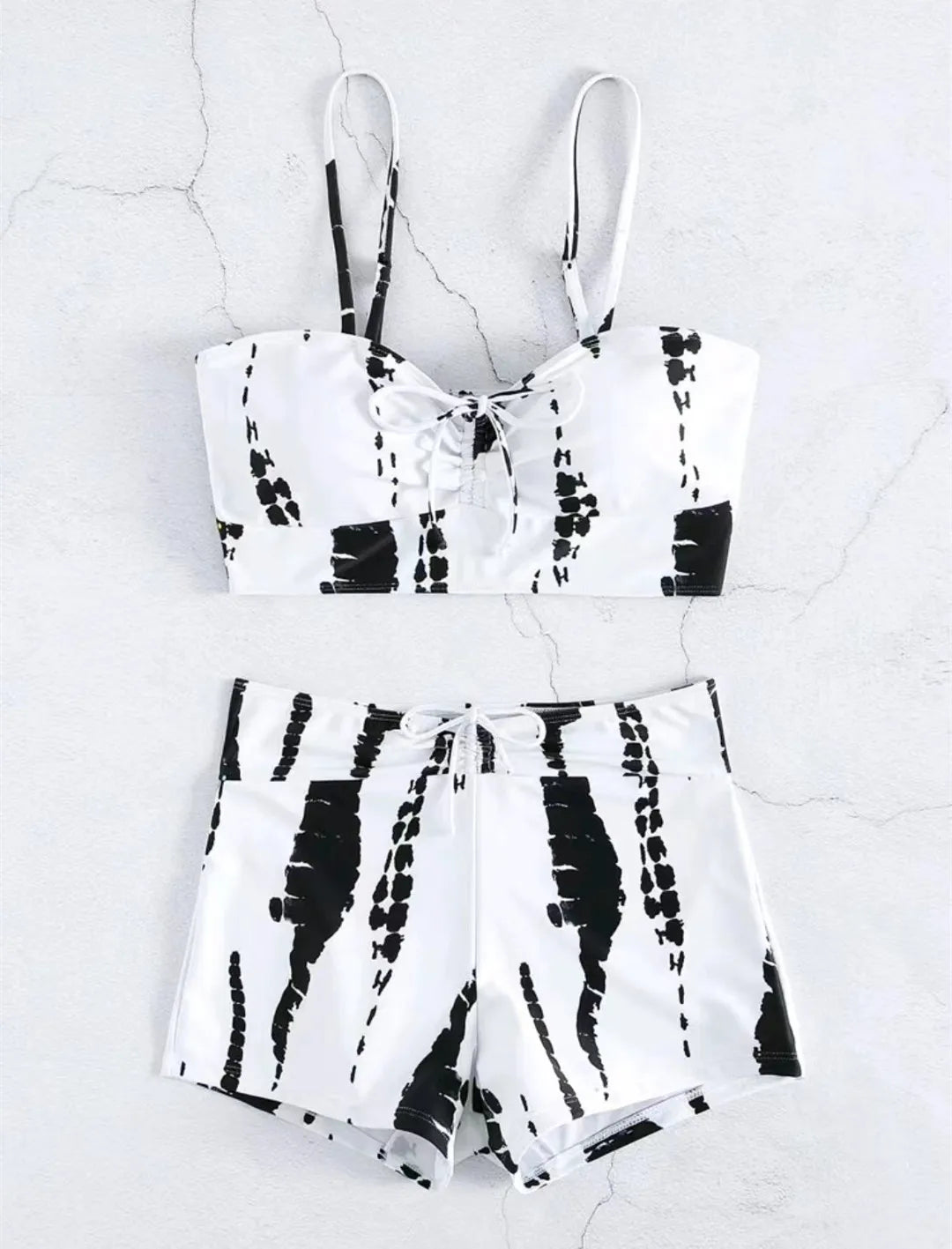 Drawstring Front Shorts Bikinis 2025 High Waist Swimsuit Women Swimwear Two-Piece Set