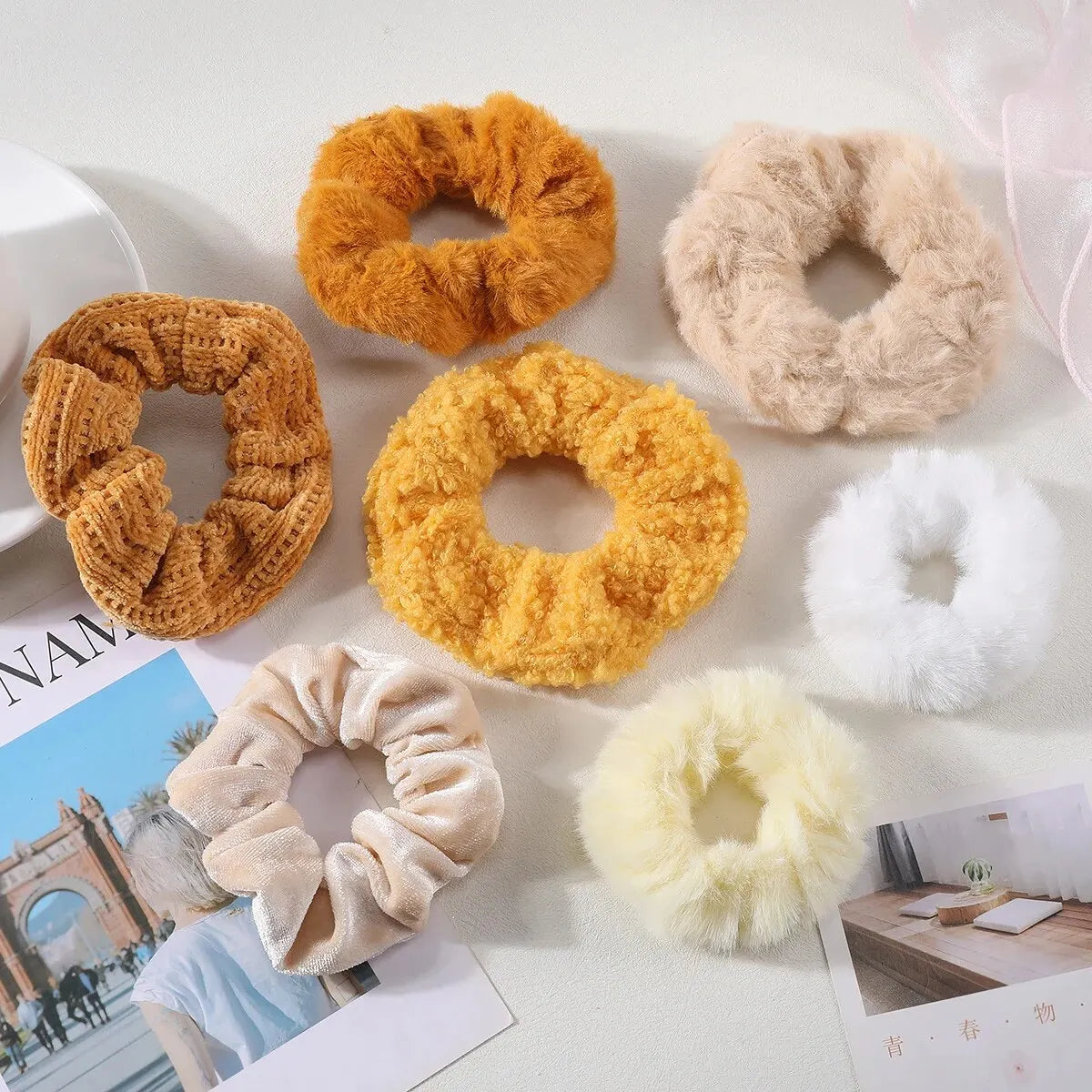 7 Piece Women's Plush Hair Scrunchies Set - Solid Color Cotton Blend Ponytail Holders & Hair Ties