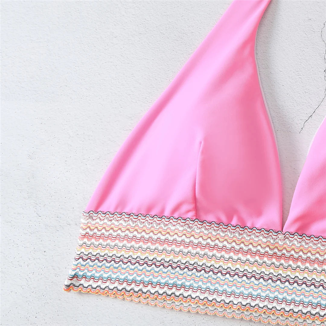 5-Color Splicing Halter V-Neck Bikini Set - Wire-Free Two-Piece Swimsuit (S-XL)