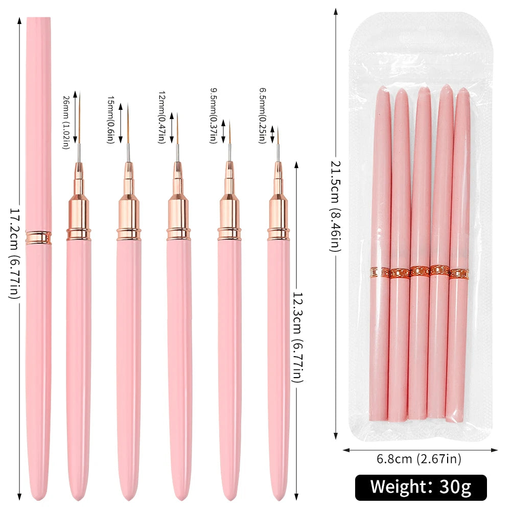 5Pcs Pink French Nail Art Liner Painting Brush Set - Ultra-thin 7/10/12/15/20m Elongated Lines Drawing Pen DIY Manicure