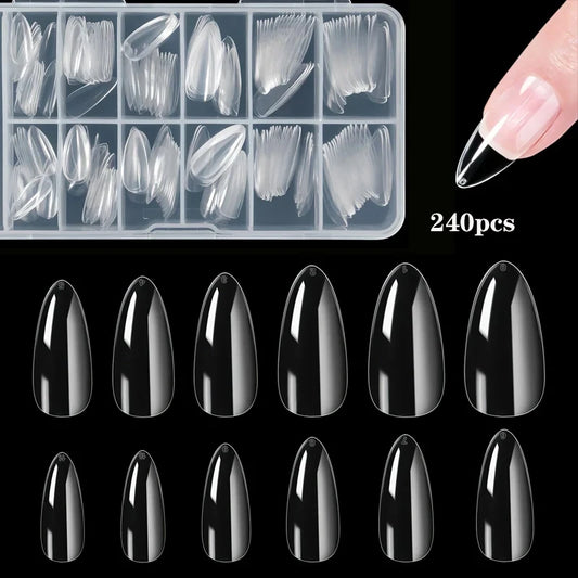 240-Piece Almond False Nail Tips Set - Clear Matte Soft Acrylic Extensions in 12 Sizes for DIY & Salon Use