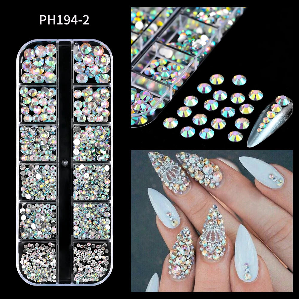 12-Grid Ocean Gold Nail Art Charms Set - Shell, Seahorse & Starfish with White Pearl Gems & Metal Studs
