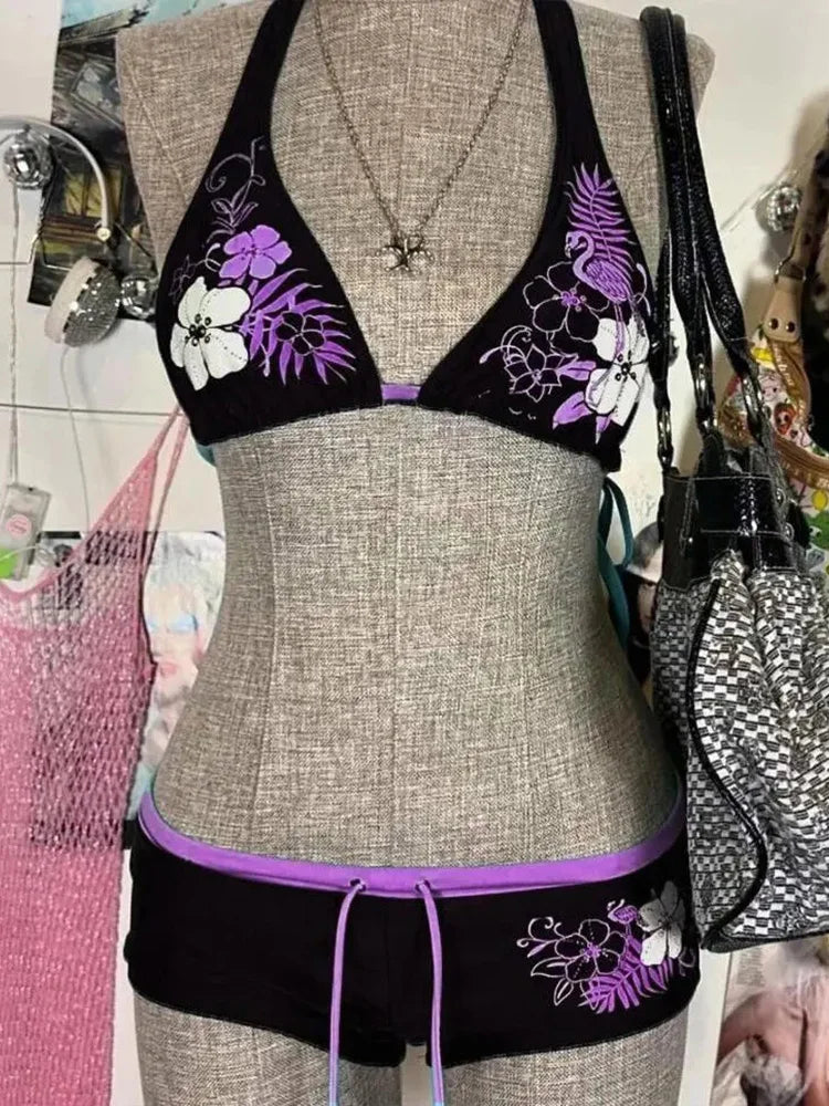 Sexy Floral Print Lace-Up Backless Bikini Set - High Waist Two-Piece Swimsuit (S-L)