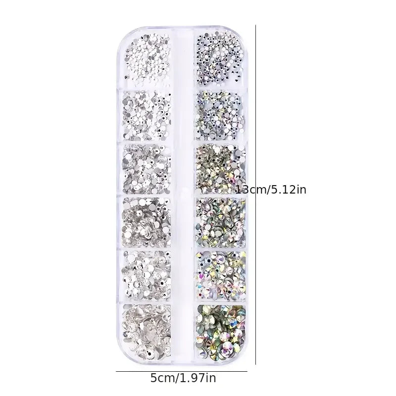 Boxed 3D Flat Back Nail Rhinestones Kit - Glass AB & Clear Crystal Gems DIY Manicure Nail Art Charms